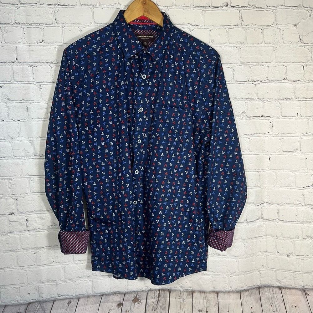 Johnston & Murphy Skull Shirt Mens Medium Blue Crossbones All Over‎ Print AOP